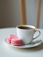 Poster - A Delicate Cup Of Coffee Sits Beside A Plate Of Pink Macaroons On A Blurred Background With Selective Focus Applied. 00001
