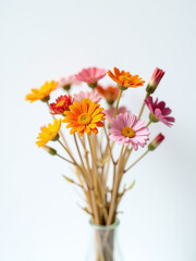 Poster - A Delicate Bouquet Of Colorful Dry Flowers Takes Center Stage In A Shallow Depth Of Field Against A Plain White Background. 00002