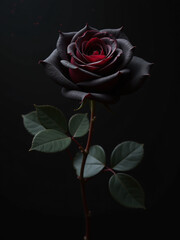 Poster - A Delicate Black Rose Blooms In Isolation On A Dark Background With Red Droplets And Ample Copy Space Nearby. 00001