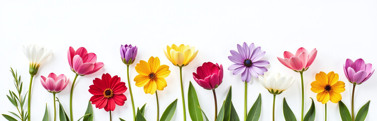 Poster - A Delicate Arrangement Of Colorful Flowers Isolated Against A Plain White Background In A Unique Artistic Composition. 00001
