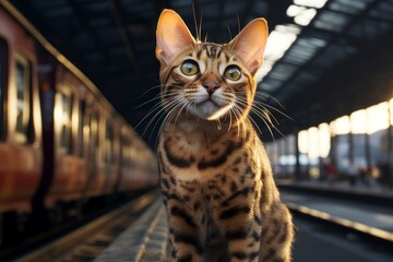 Wall Mural - Portrait of a happy bengal cat in front of modern city train station