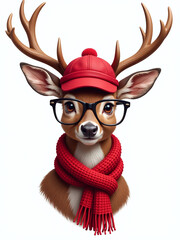 Poster - A Deer Wearing Glasses, A Red Cap, And Scarf Is Isolated On A White Background In This Graphic Image. 00001