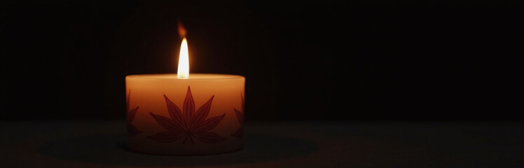 Poster - A Decorative Candle Burns Softly Against A Dark Black Background, Creating An Intimate Ambiance With Warm Gentle Flickering Light. 00002