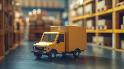 Wall Mural - Cardboard Delivery Truck in Warehouse Concept for Express Shipping and Logistics Solutions Background