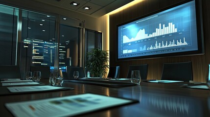 Fototapete - Modern Boardroom with Data Visualization Screen and Professional Layout for Business Meetings and Presentations