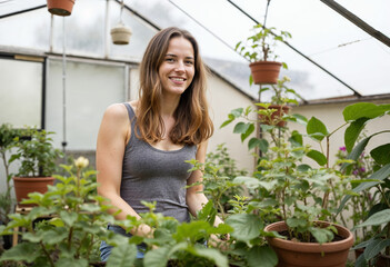 Young girl in grey T-shirt working with plants in greenhouse