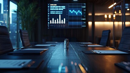Fototapete - Modern Corporate Meeting Room with High-Tech Presentation Display and Stylish Office Furniture