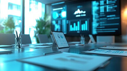 Fototapete - Modern Office Meeting Room with Digital Charts and Presentations on Display Boards for Business Strategy Planning