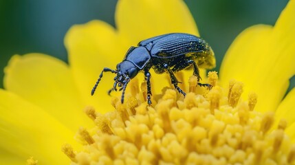 Macro shot of a beetle feeding on vibrant yellow flowers showcasing intricate details of nature and pollination dynamics.