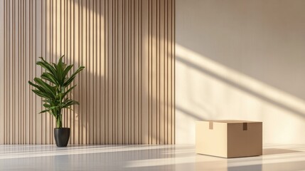 Aufkleber - Modern minimalist interior featuring a cardboard box, wood panel wall, and plant, creating a serene and stylish atmosphere.