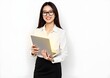 © Syuhuud - Happy Beautiful teacher holding laptop isolated on white background. Education concept.