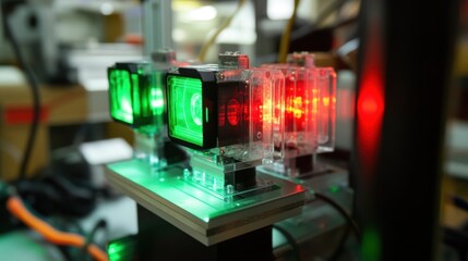 Aufkleber - green and red lights illuminate modern technological devices, possibly sensors or cameras, in a manu