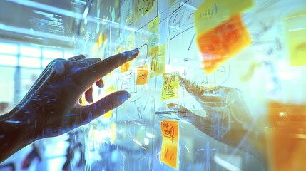 Aufkleber - Hand Interacting with Transparent Glass Wall Surrounded by Colorful Sticky Notes and Abstract Digital Elements