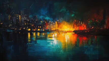 Aufkleber - Vibrant cityscape at night with colorful reflections on water showcasing an artistic blend of light and abstract scenery.