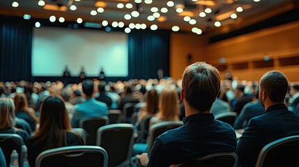 Aufkleber - Engaged Audience at Conference with Professional Speakers on Stage in Modern Auditorium Setting