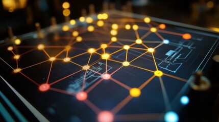 Poster - complex network of interconnected nodes glowing on a futuristic control panel, displaying manufactur