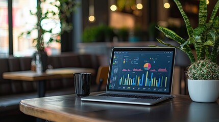 Fototapete - Modern Workspace with Laptop Displaying Data Analytics on Table Surrounded by Greenery in Cozy Coffee Shop Environment