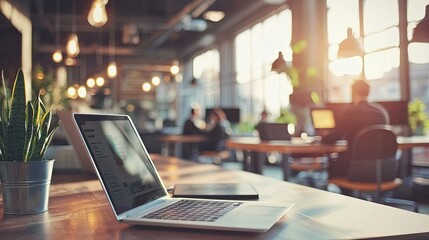 Fototapete - Modern workspace with laptop, plant, and sunlit environment in a contemporary office setting