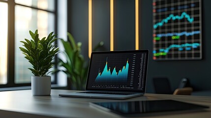 Aufkleber - Modern Workspace with Laptop Displaying Financial Graphs and Indoor Plant in Bright Office Environment