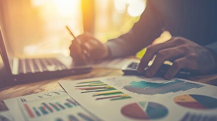 Fototapete - Business professional analyzing data charts and graphs on reports with laptop and calculator in bright office setting