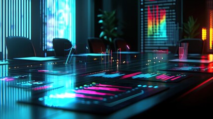 Aufkleber - Futuristic Conference Room with Digital Board and Neon Data Visualization Concepts