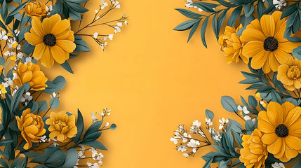 Wall Mural - yellow flowers frame autumnal background design for invitation.