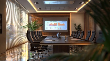 Fototapete - Modern corporate conference room with presentation screen and sleek design, ideal for meetings and business discussions