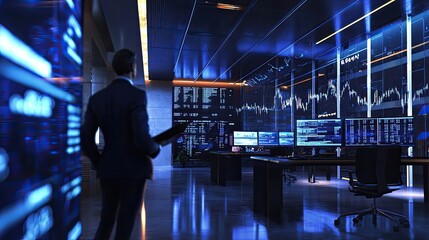 Poster - Modern Financial Trading Room with Advanced Technology and Data Visualizations at Night