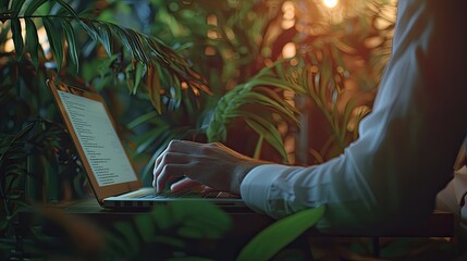 Poster - Person Typing on Laptop Surrounded by Lush Green Plants in Cozy Indoor Setting at Dusk
