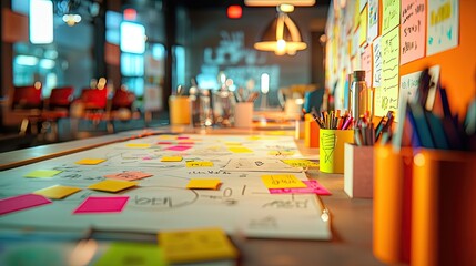Poster - Creative Workspace with Colorful Sticky Notes and Art Supplies in Modern Office Environment