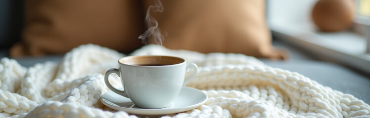 Poster - A Cup Of Steaming Coffee Sits On A White Knitted Blanket In A Blurred Background Creating A Cozy Atmosphere At Home With Selective Focus. 00001