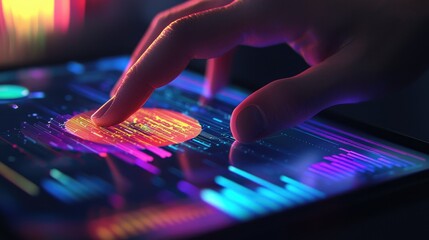 Poster - Vibrant Digital Interaction with Touchscreen Display, Abstract Data Visualization and Neon Graphic Elements