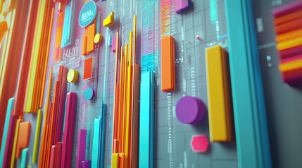 Poster - Colorful Abstract Data Visualization with 3D Shapes and Geometric Patterns on a Textured Background