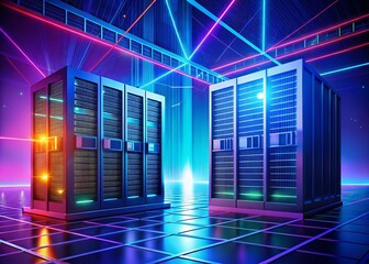 Poster - Isometric Server Room Silhouette: Big Data Processing in Neon Dark Gradient
