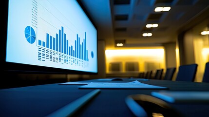 Poster - Modern Conference Room With Digital Screen Displaying Graphs and Charts in Corporate Setting