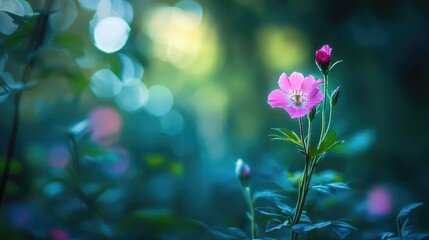 Delicate pink flowers illuminated by soft bokeh effect in a lush green garden setting showcasing nature's beauty and tranquility.