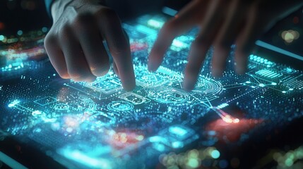 Aufkleber - Futuristic Digital Interface Interaction with Technological Elements and Hands Touching High-Tech Display
