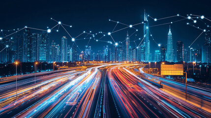 night city highway with traffic speed effect. vector cartoon illustration of dark cityscape view wit