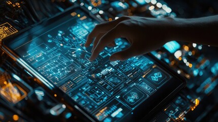 Poster - Futuristic Interactive Touchscreen Display with Glowing User Interface and Technical Design Elements