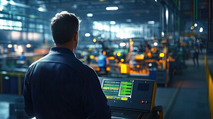 Poster - Industry Professional Observing Operations in Modern Factory with Advanced Control Panel and Production Line in Background