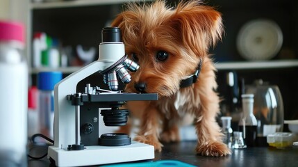 Poster - Curious Dog Observing Microscope on a Laboratory Table in a Bright Environment