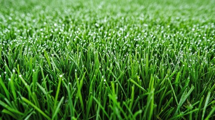 Aufkleber - close up of vibrant green grass blades adorned with sparkling water droplets glistening in the morni