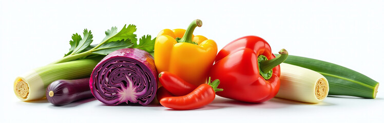 Poster - A Colorful Mix Of Red Cabbage, Yellow Pepper, And Leek Is Isolated On A Clean White Background For Photography Purposes. 00003