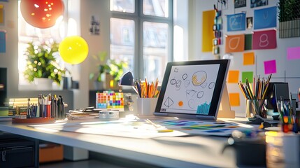 Leinwandbilder - Bright and Creative Workspace with Colorful Supplies, Artwork, and Natural Light in Modern Office Environment
