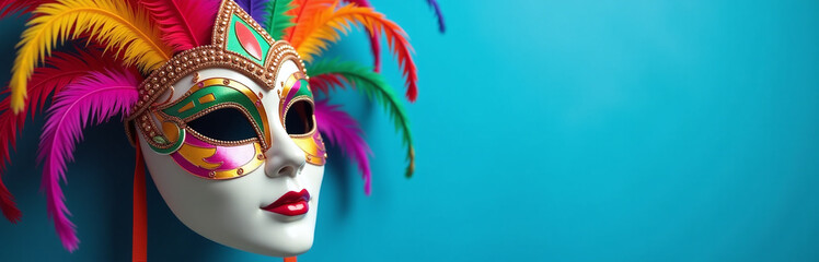 Poster - A Colorful Mask Adorned With Feathers Is Prominently Displayed Against A Vibrant Blue Background Banner At An Exciting Carnival Event. 00001