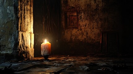 Candle illuminating a dark, abandoned room with rustic texture and shadows creating a dramatic, atmospheric scene