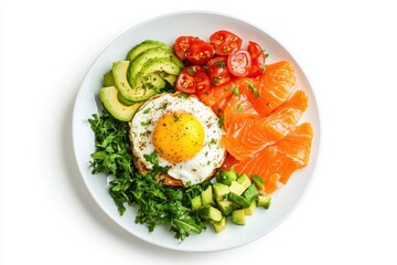 Wall Mural - Top view of salmon and avocado eggs Benedict on a white plate isolated on white