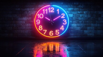 Wall Mural - Neon clock glowing on brick wall, reflecting on floor, time management concept.