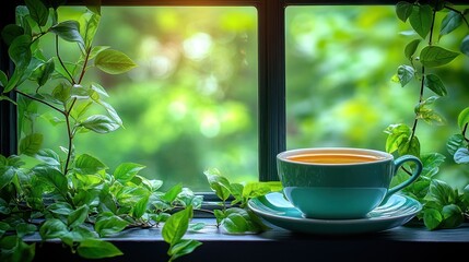 Wall Mural - Teacup on windowsill, sunlight, greenery.