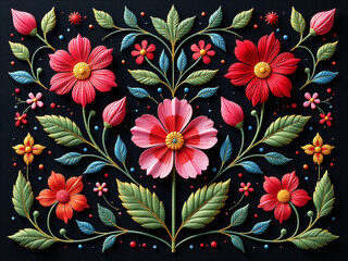 Poster - A Colorful Embroidered Textile Pattern Featuring Flowers In Intricate Design On A Simple Black Background. 00003